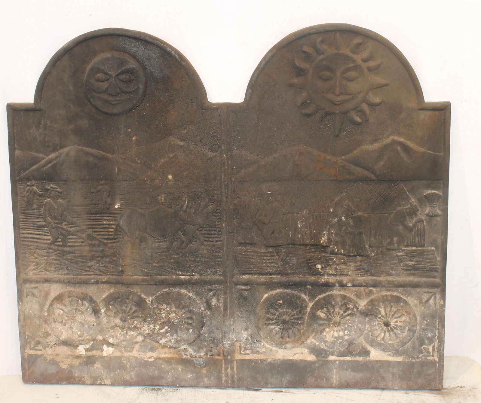 Contemporary antique style large Cast iron fire back w sun & moon & harvesting dec - 26 1/4" tall x (1 of 5)