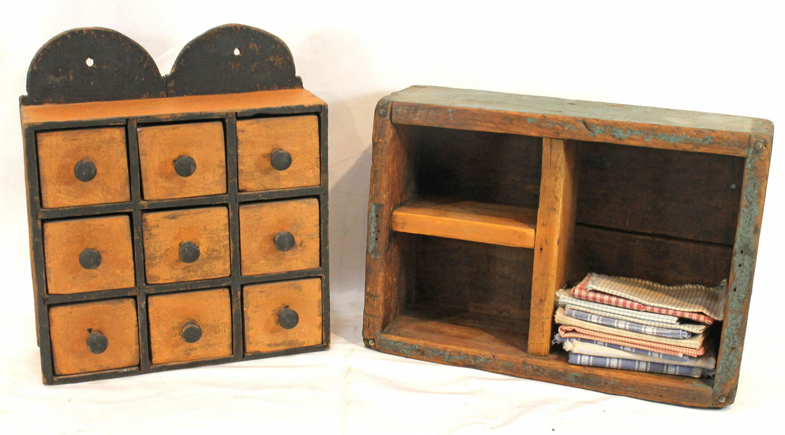 2 primitive style wooden painted wall boxes made from old parts incl 10 1/4"x3 1/2" x 12" tall spice (1 of 8)