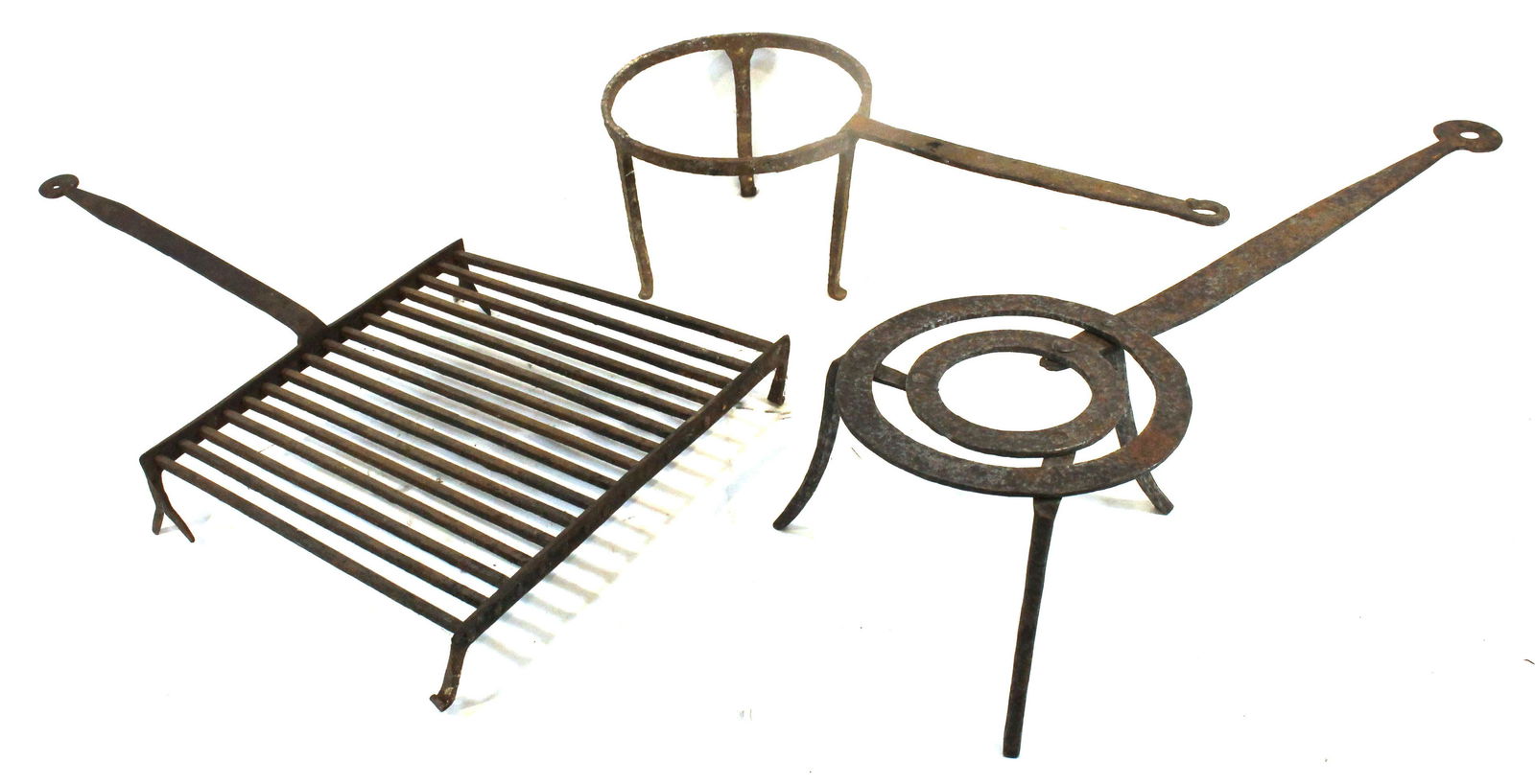 3 wrought iron hearth implements items incl broiler & 2 trivets - 17 3/4" & 21" long trivets & 20 (1 of 7)