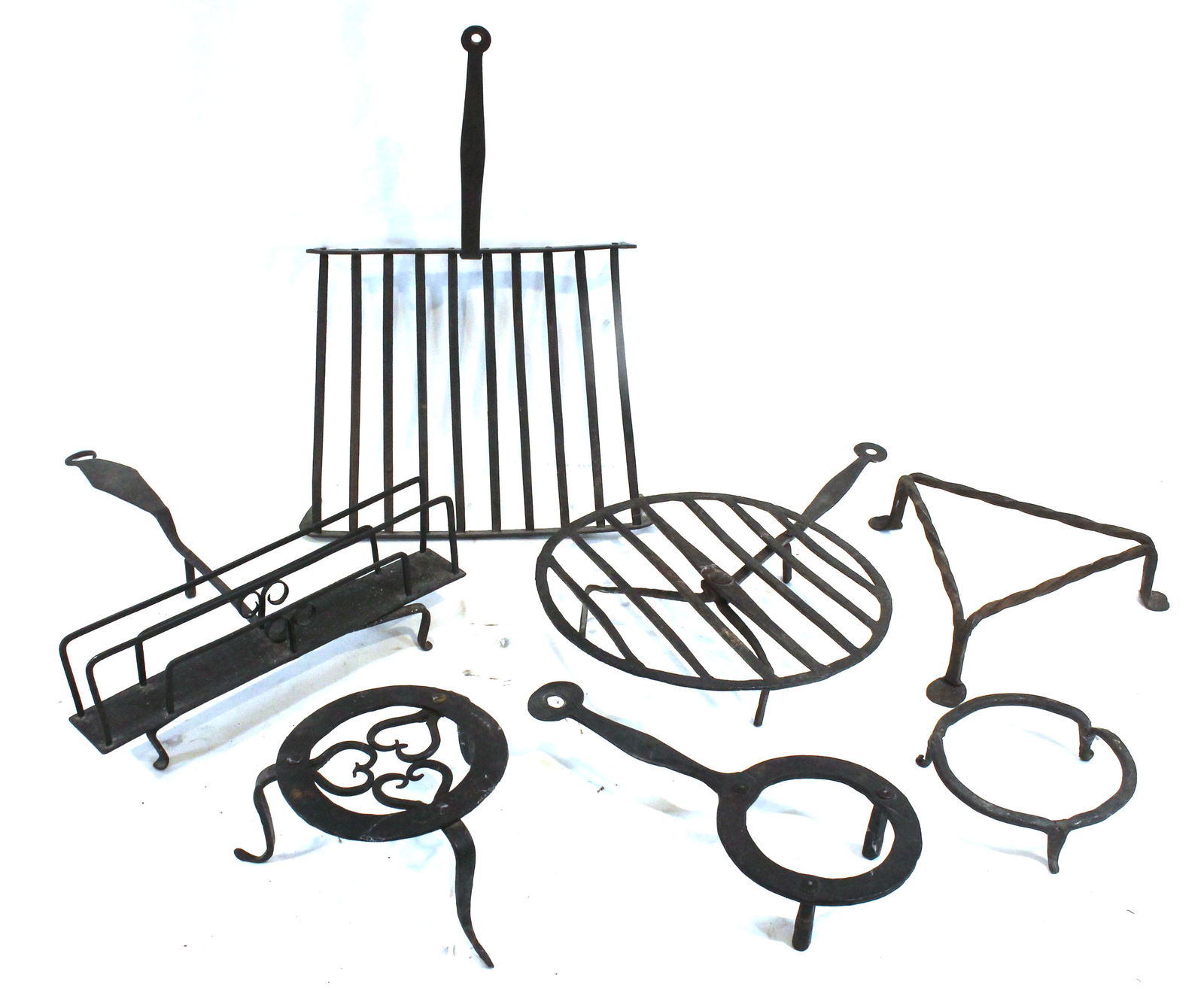 Wrought iron hearth implements lot incl broiler, rotating broiler, toaster & trivets (1 of 8)