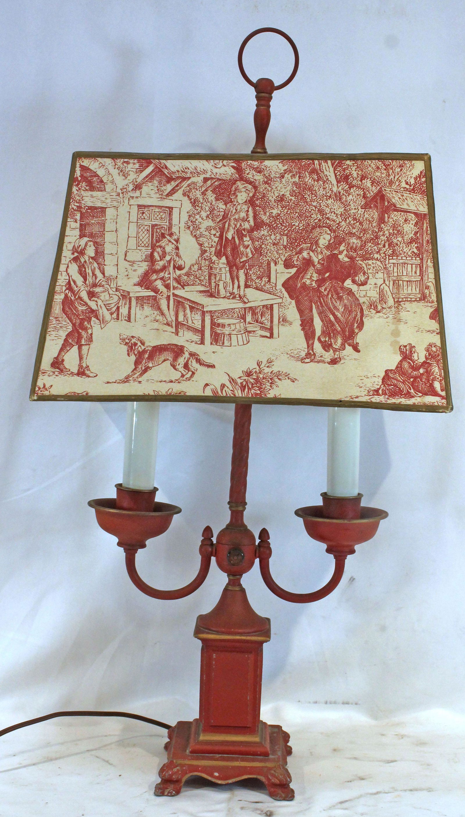 Primitive style table lamp in red paint w colonial style decorated shade (1 of 3)