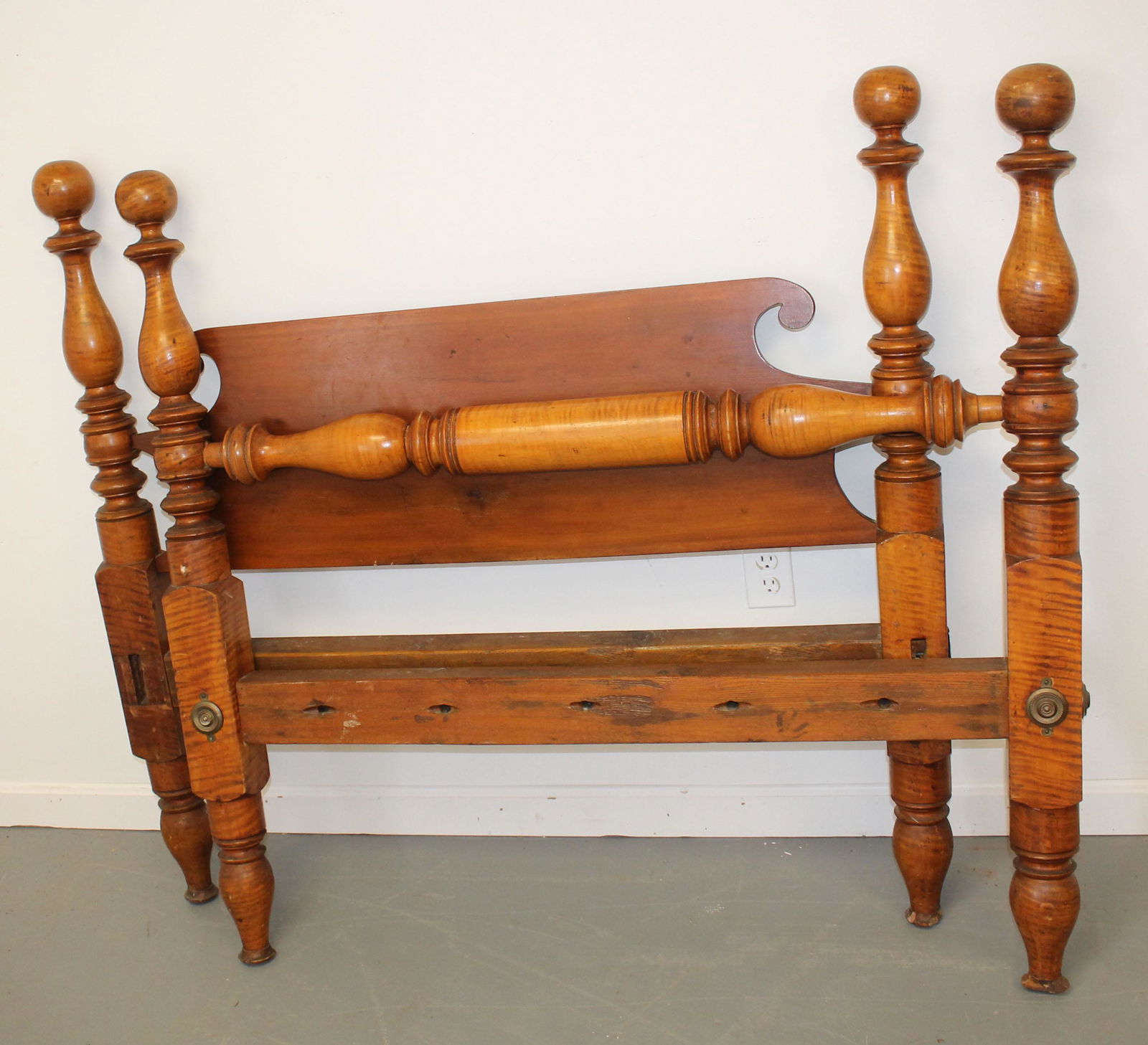 Antique tiger maple cannonball post 3/4 size rope bed - 48 1/2" wide (1 of 6)