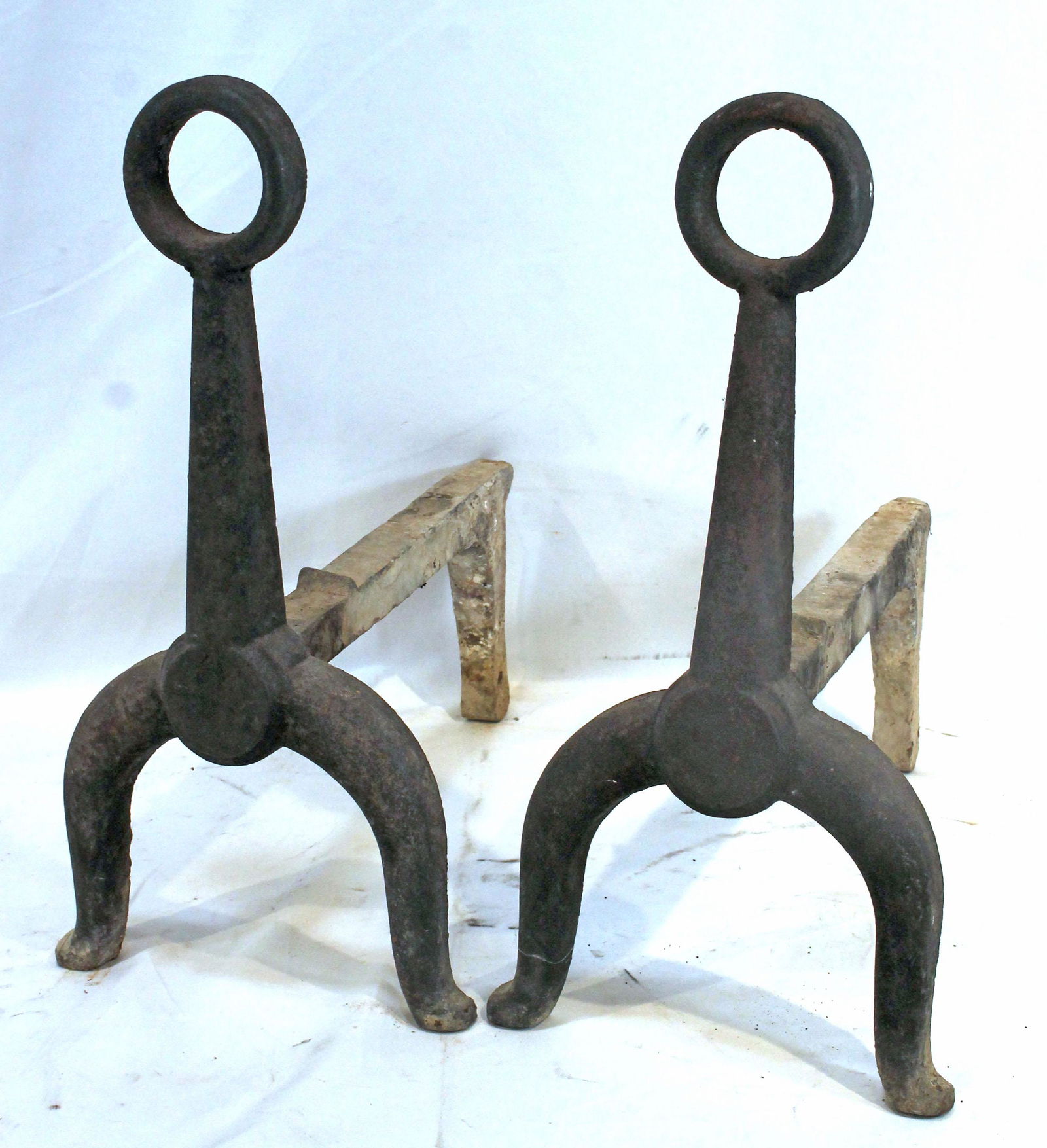 pr of cast iron andirons w ring finials - 16" tall x 14" deep (1 of 7)