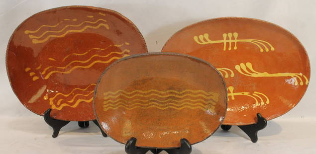 3 contemporary redware slip dec platters - 2 sgnd & dated by Chris Woods 1991 & 1999 - 12"x9";: 3 contemporary redware slip dec platters - 2 sgnd & dated by Chris Woods 1991 & 1999 - 12"x9"; 15"x12" & 16"x11 1/2"