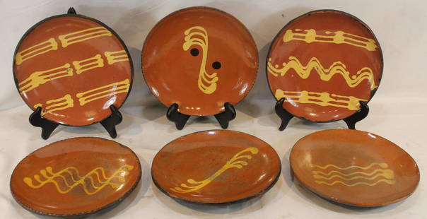 6 contemporary redware slip dec plates - most sgnd Chris Woods & dated 1975, 1988, 1995 - 10" diam: 6 contemporary redware slip dec plates - most sgnd Chris Woods & dated 1975, 1988, 1995 - 10" diam