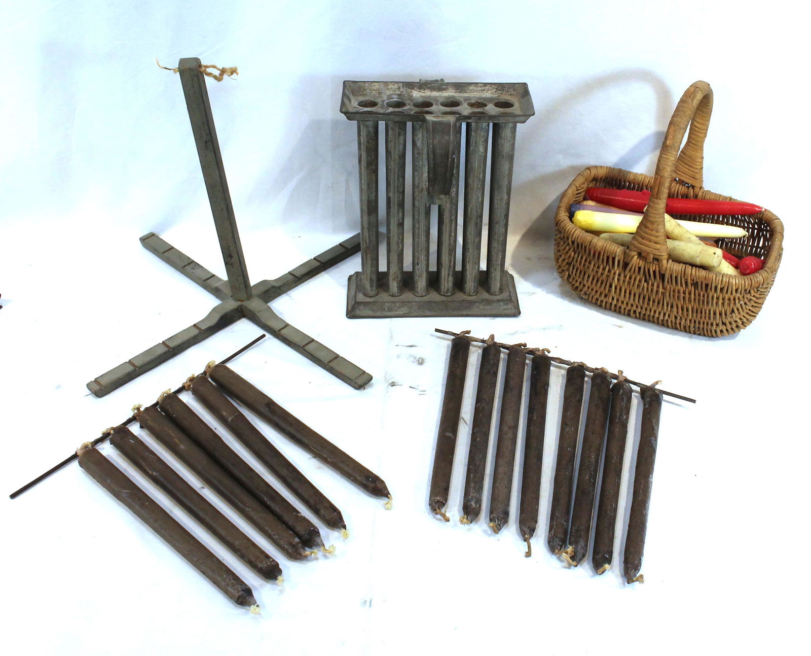 Primitive style lighting lot incl wooden painted candle dryer, 12 slot candle mold, 2 iron candle (1 of 6)