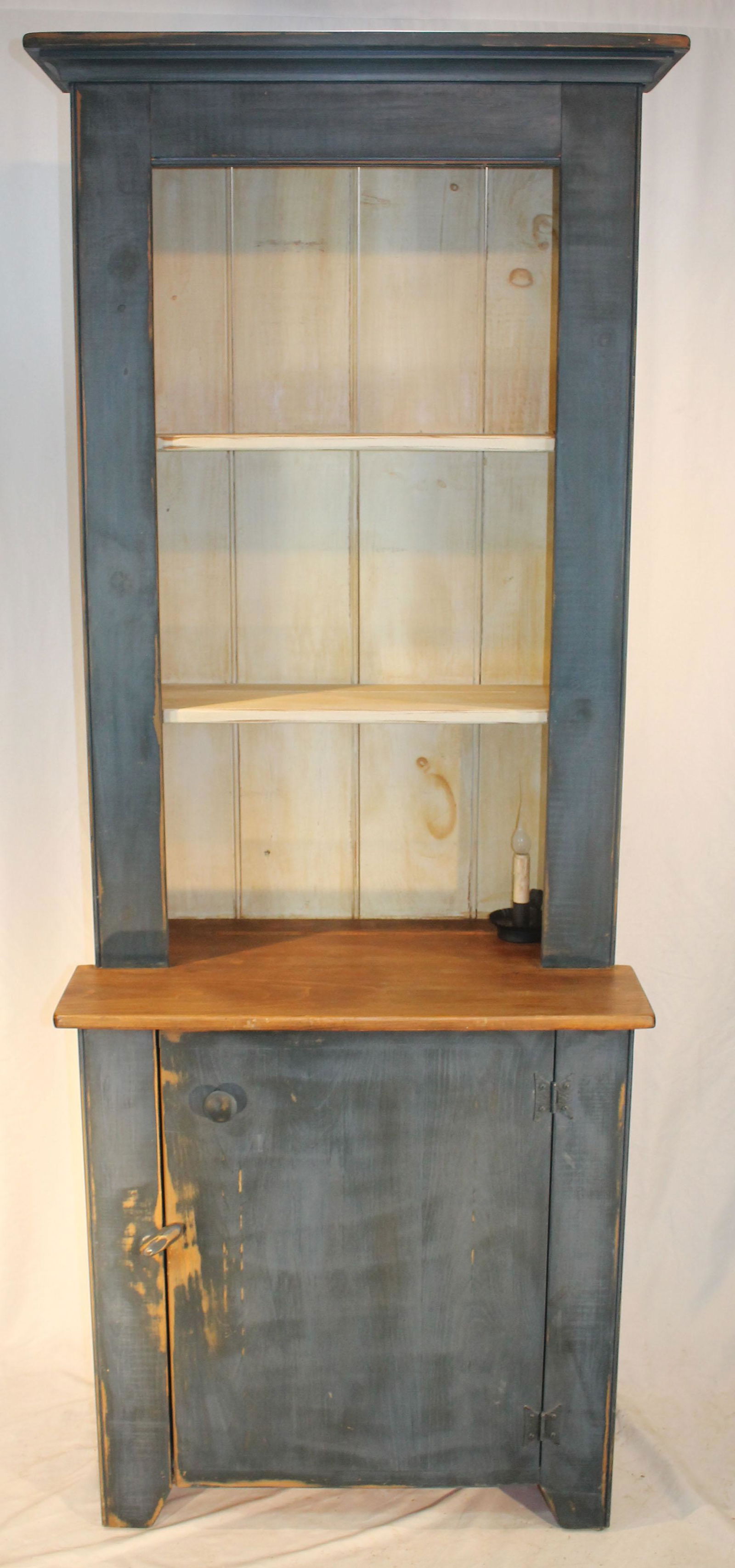 Contemporary antique style stepback cupboard in blue paint w electrified candle lamp - 78" tall x (1 of 3)