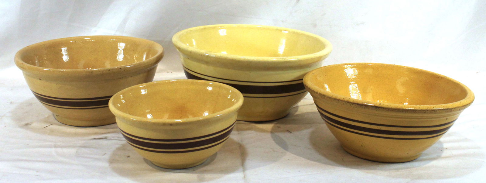 4 yellowware brown banded bowls - 10 3/4", 9 3/4", 9 1/2" & 6 1/2" diam (1 of 7)