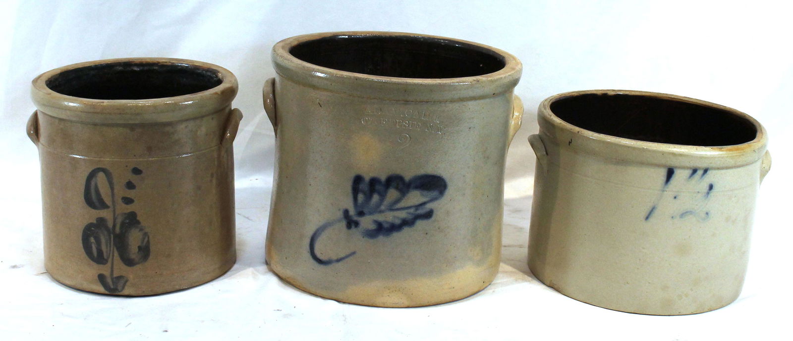 3 stoneware crocks 2 w cobalt floral dec & 1 w cobalt 1 1/2 - all in as found condition w crack(s) - (1 of 20)