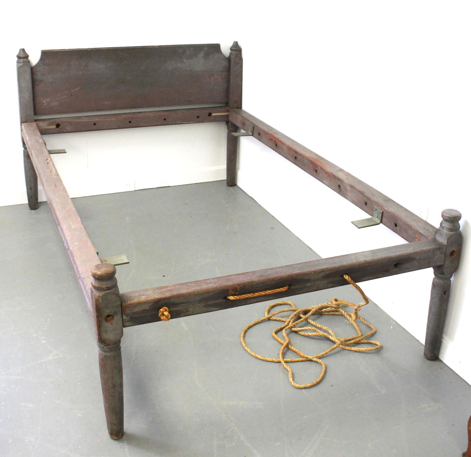 Antique rope bed in blue paint - approx 47 3/4" wide (1 of 4)