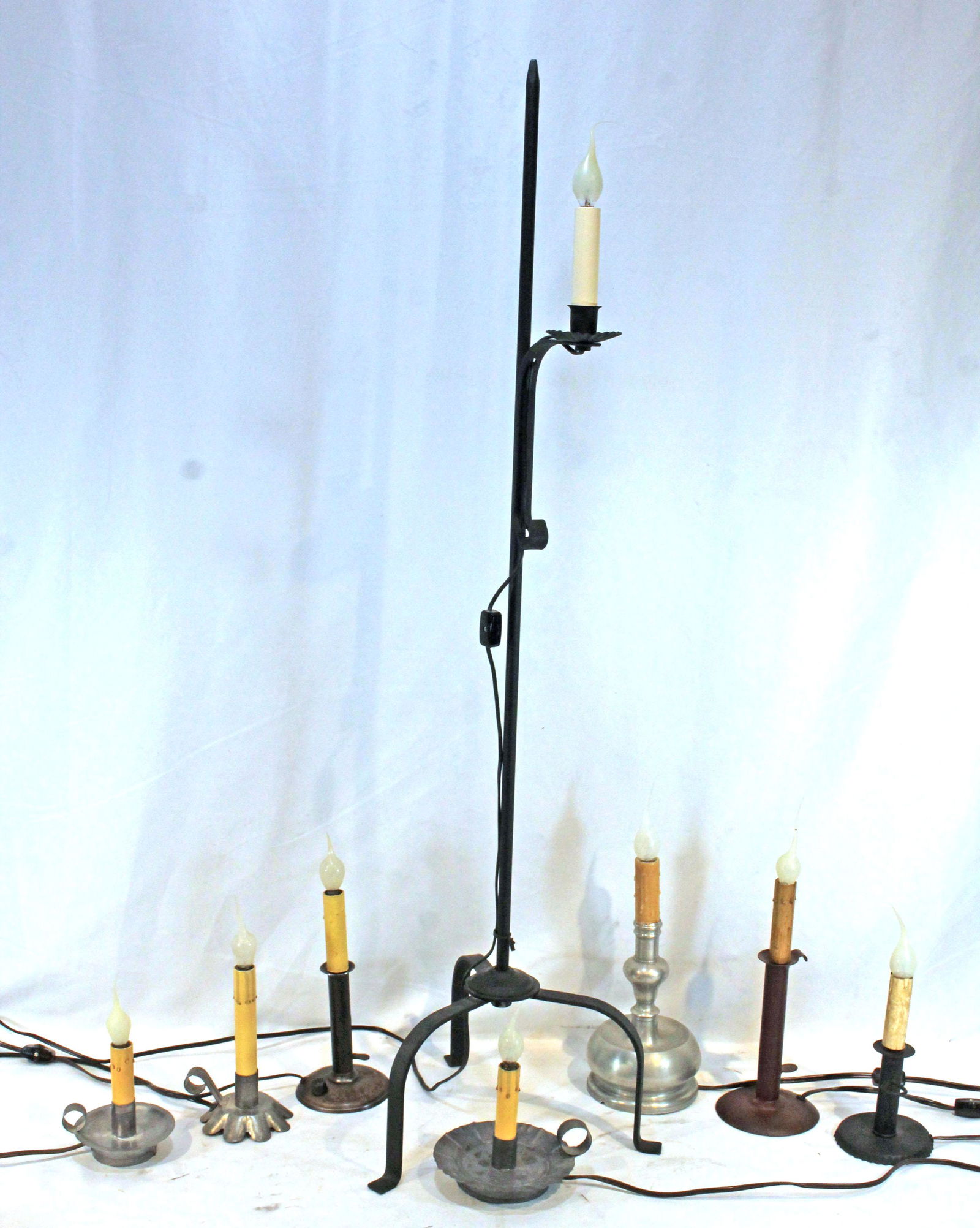 Lot of 8 contemporary primitive style electrified candle lamps incl a wrought iron 41 1/2" tall (1 of 5)