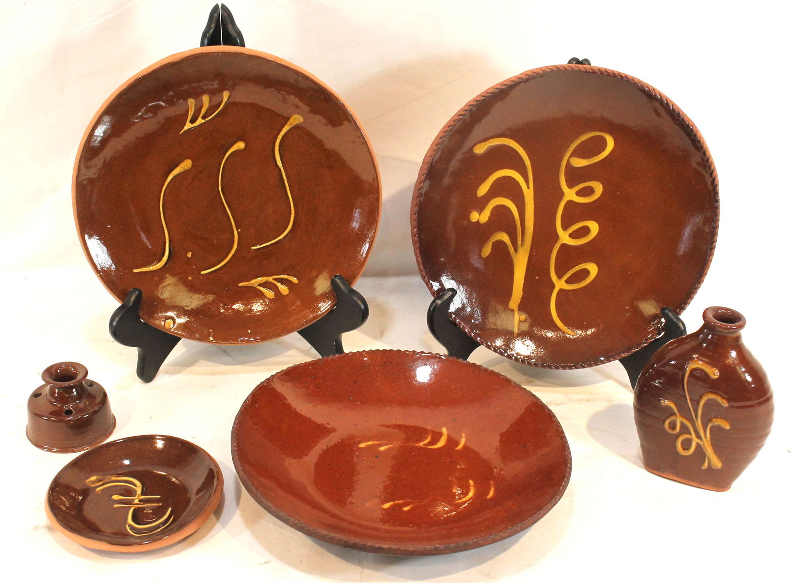3 contemporary redware pieces incl 2 slip dec 9" plates & a 4 3/4" diam dish sgnd Rick Hamelin, a (1 of 14)