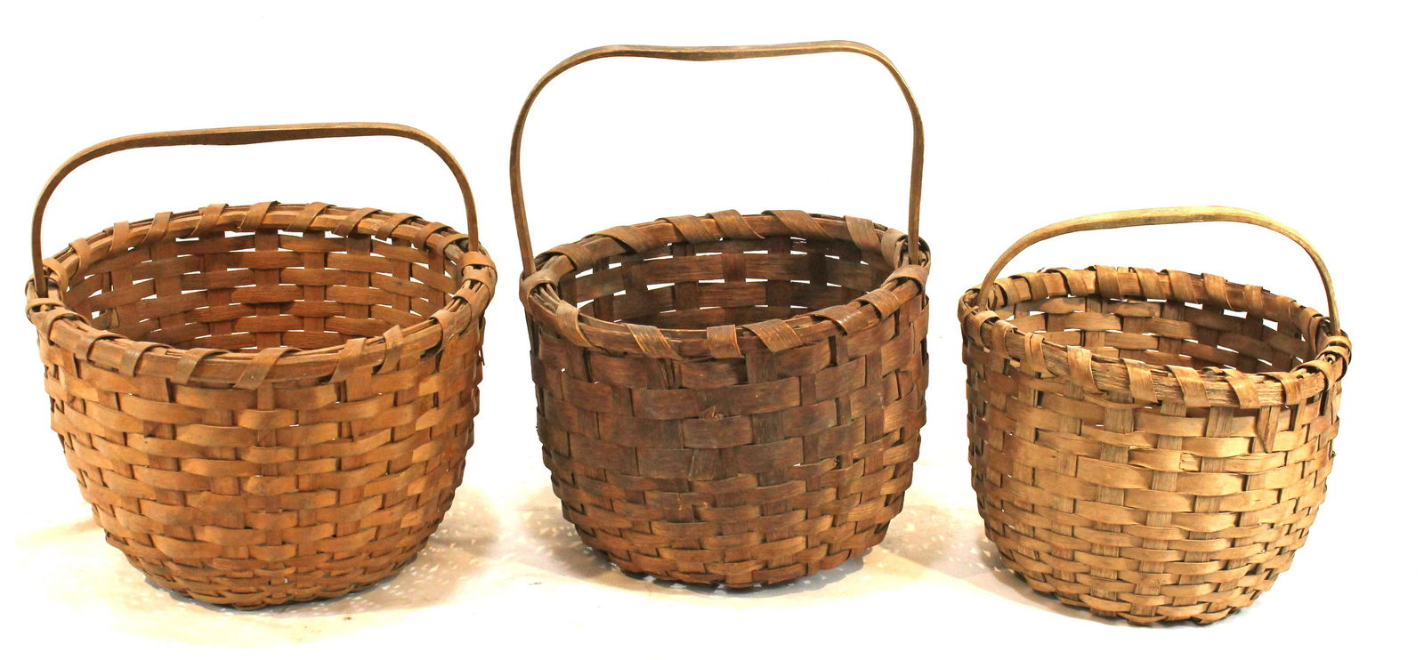 3 fixed handled baskets - 10" diam x 9 3/4" tall; 9 1/4" diam x 11 1/4" tall & 8 1/2" diam x 8 1/2" (1 of 11)