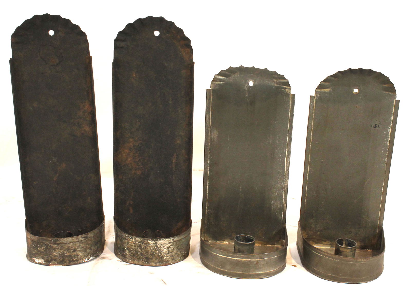 2 prs of contemporary primitive style tin candle sconces w crimped edges - 11 1/4" & 9"" tall (1 of 9)