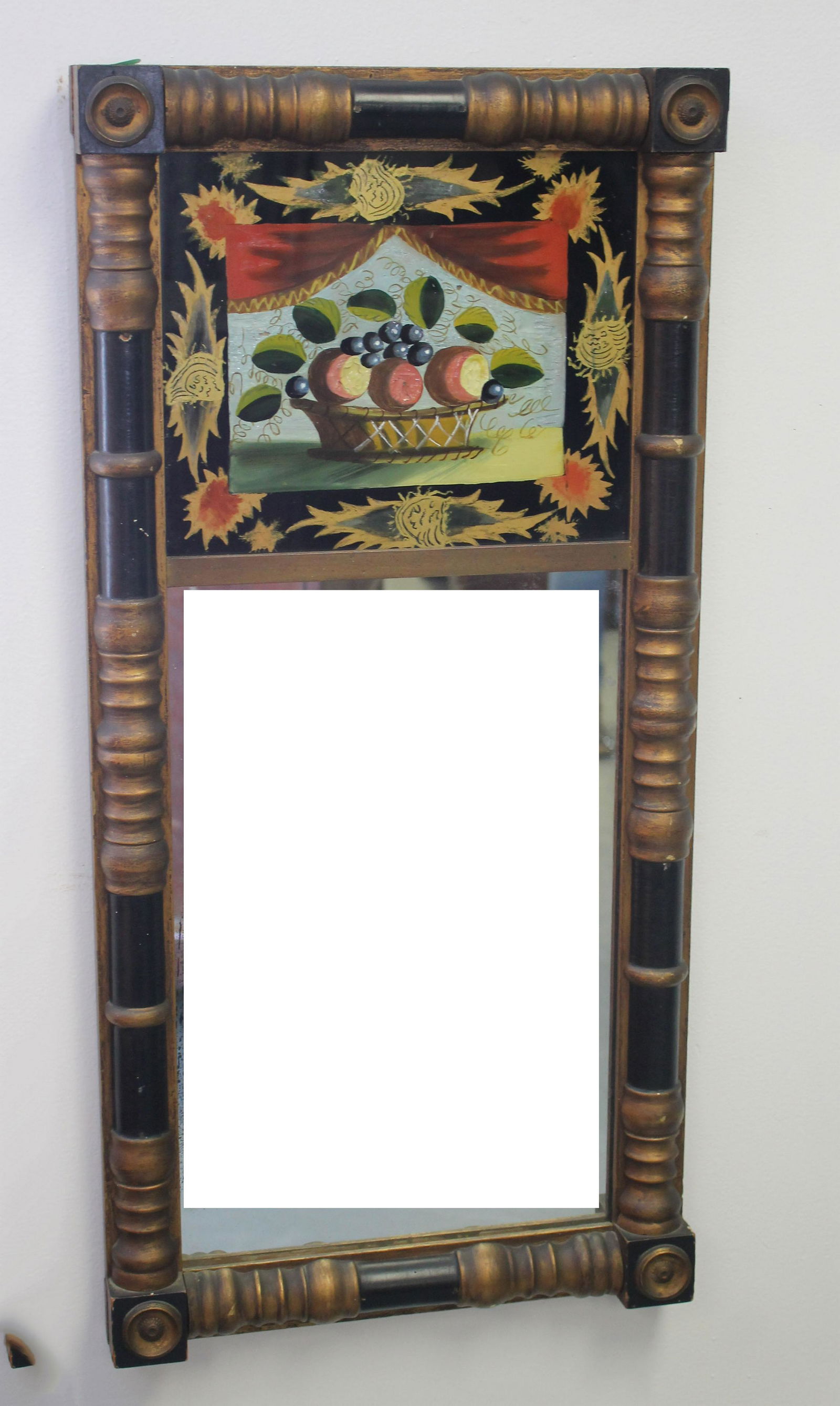 Sheraton 2 section mirror in black & gold w reverse painted bowl of fruit dec top section - 32"x15 (1 of 3)