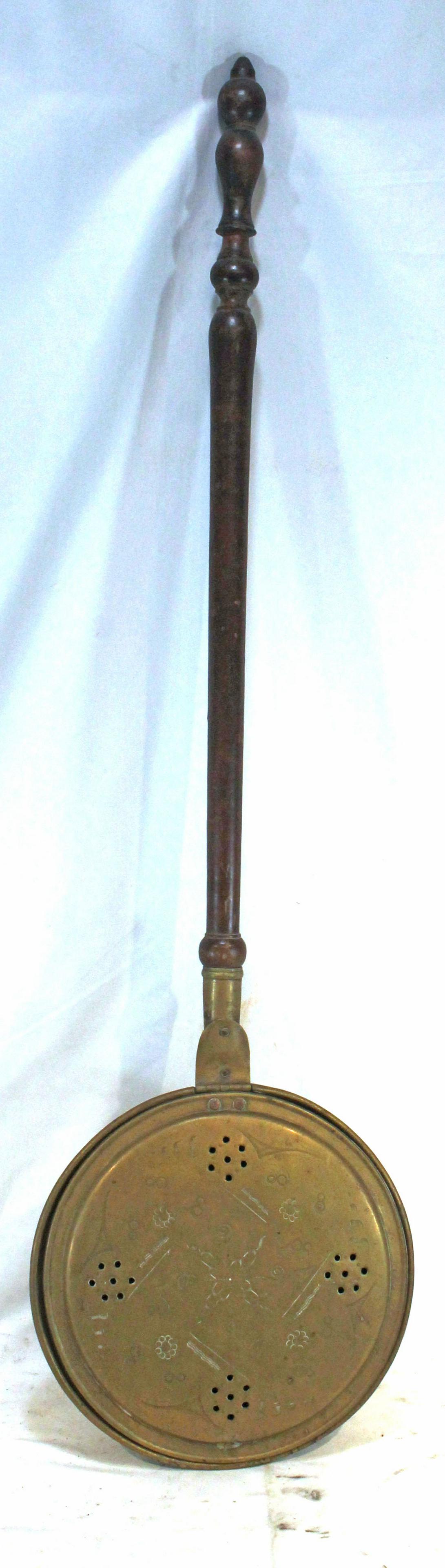Antique brass bedwarmer w wooden handle & etched floral decoration - 44" long (1 of 4)
