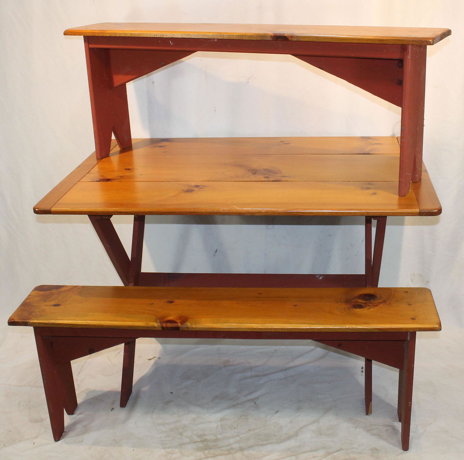 Wooden breakfast table w red painted base & 2 matching benches (1 of 3)