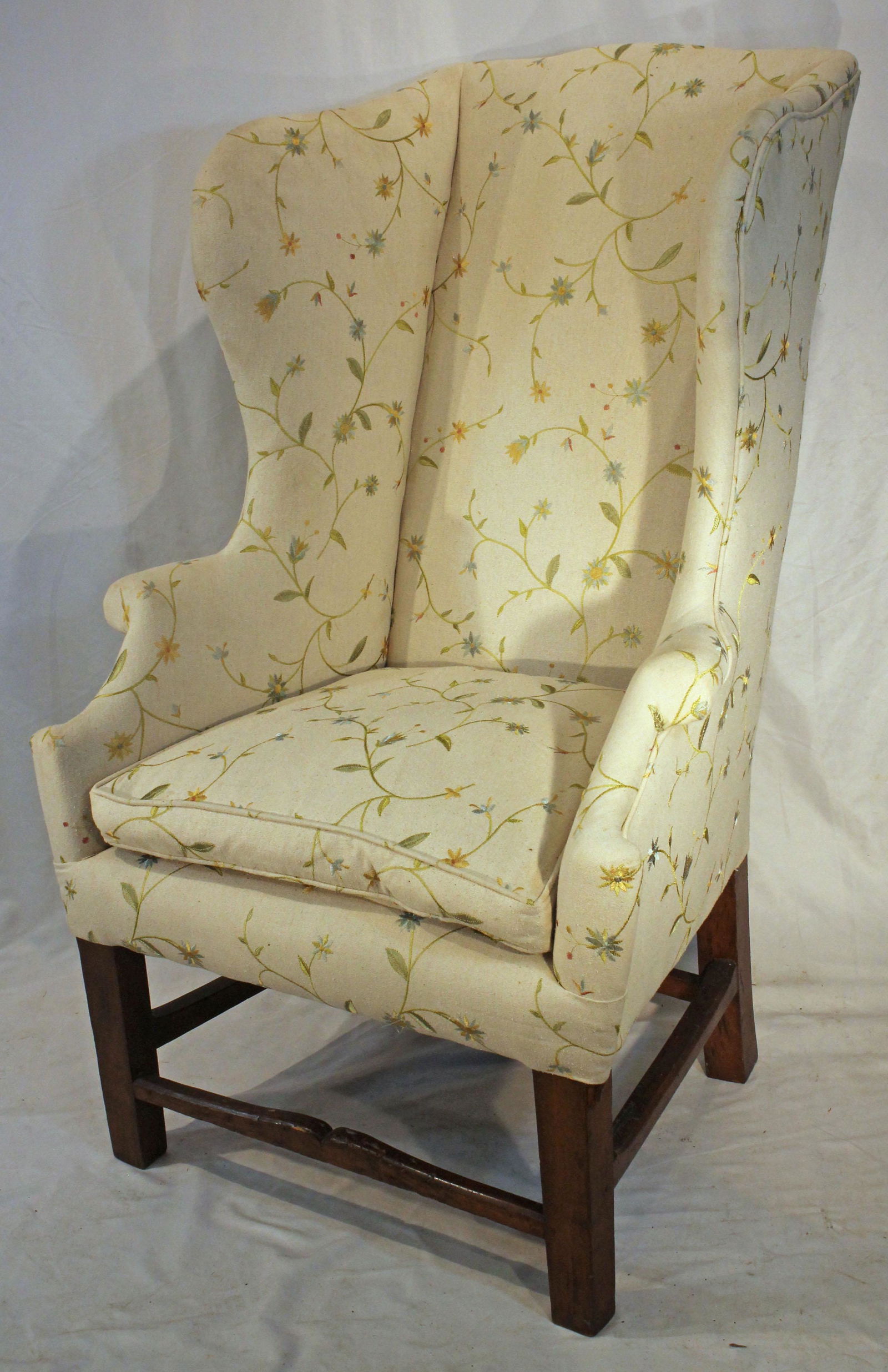 Antique wing chair in very pretty newer crewelwork upholstery (1 of 4)