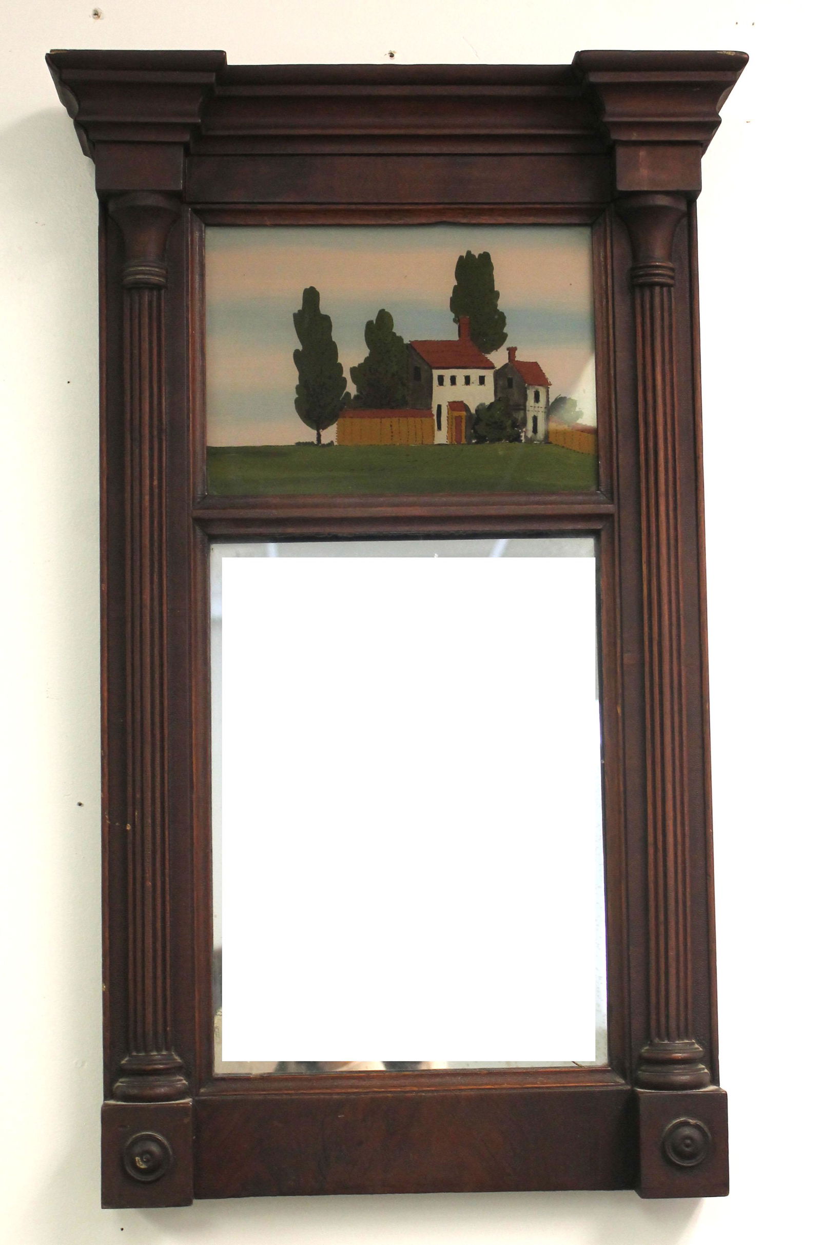 Sheraton 2 section mirror w reverse painted house dec top section - 24 1/2"x15 1/4" (1 of 4)