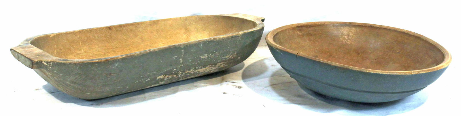 2 vintage wooden vessels in later paint incl 14 1/2"x14" blue bowl & 20"x10" green trencher (1 of 5)