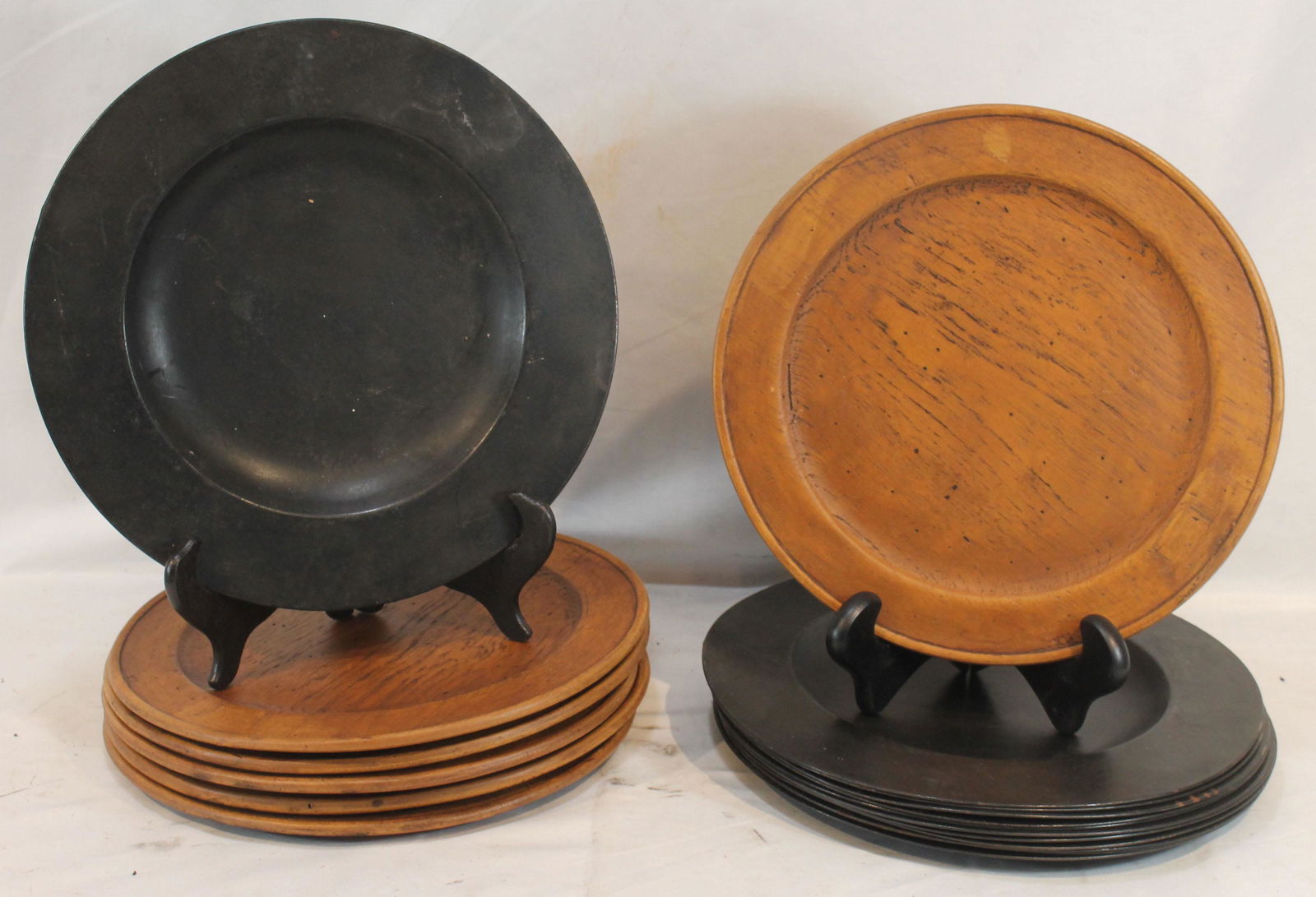lot of 6 wooden 11 1/2" plates together w 12 heavy tin/metal 12" plates - (1 of 3)