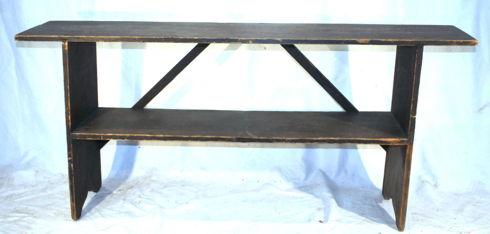 19thC bucket bench in red paint - 26 3/4" tall x 59 1/2" long x 13" deep (1 of 11)