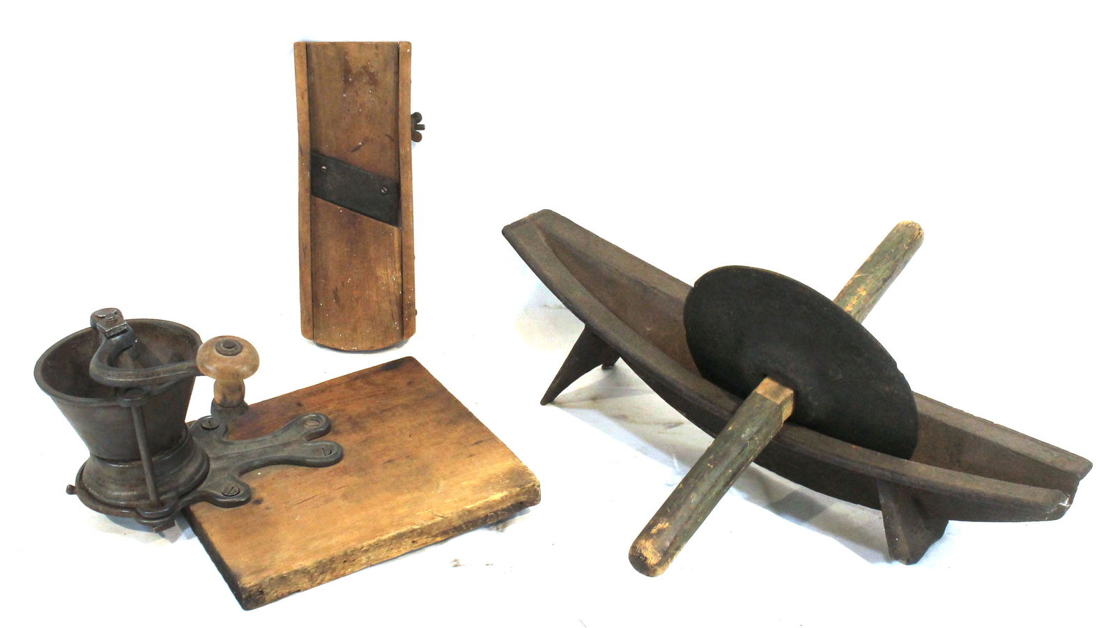 Antique kitchen tool lot incl slicer, grinder & a heavy iron grinding wheel (1 of 4)