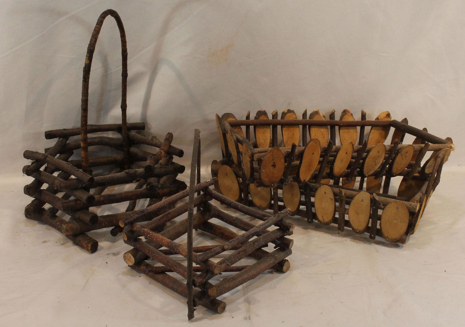 4 Adirondack style twig baskets incl 2 handled & 2 open rectangular - handled examples are approx (1 of 8)