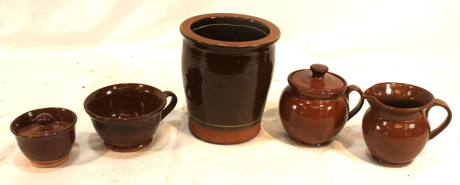 5 contemporary redware pieces incl Christian Ridge 7" jar, Old Sturbridge Village sugar & creamer, (1 of 7)