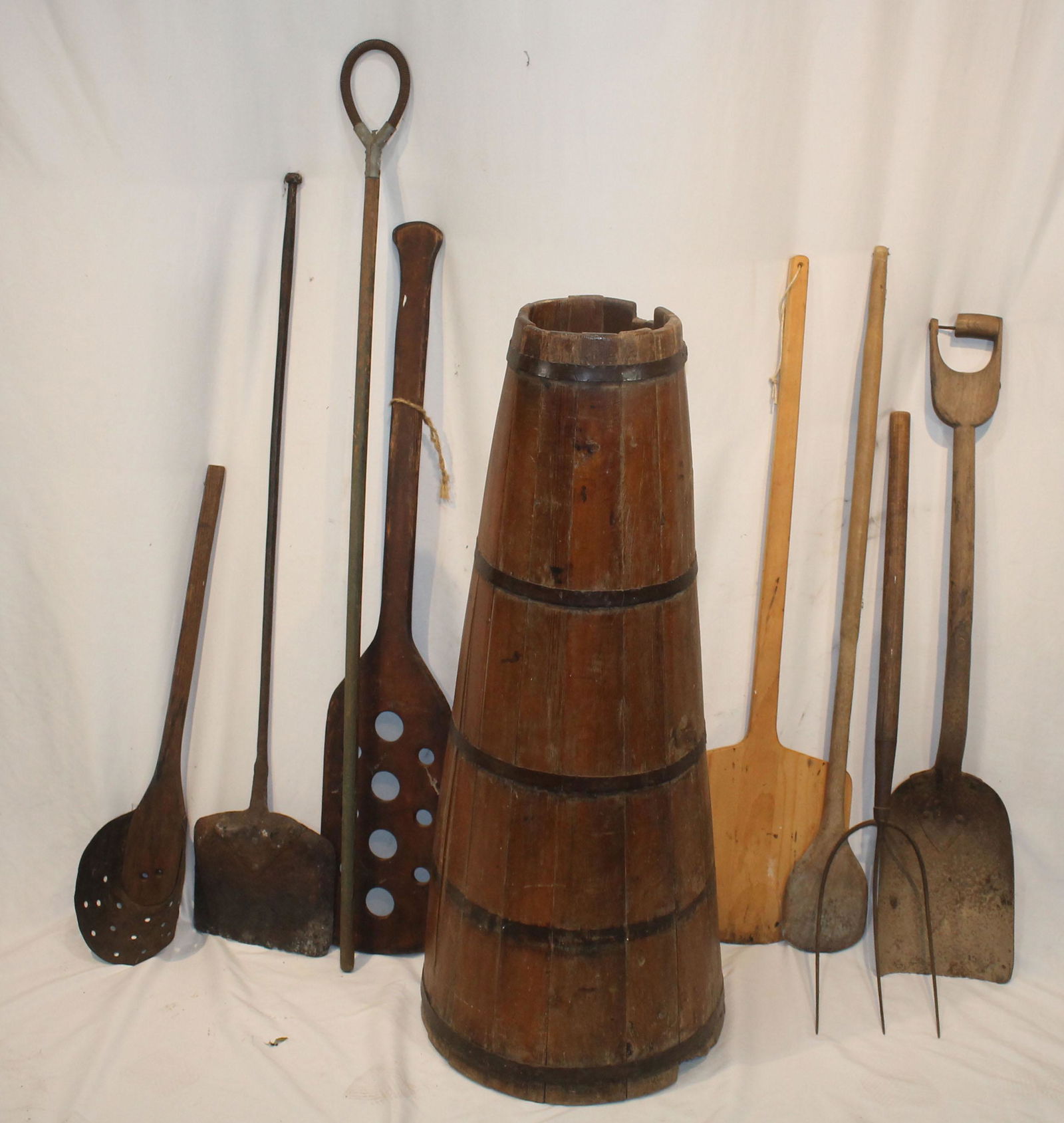 Large iron banded wooden tool bucket w misc iron, wooden & stone long handled tool/implements - 41" (1 of 6)
