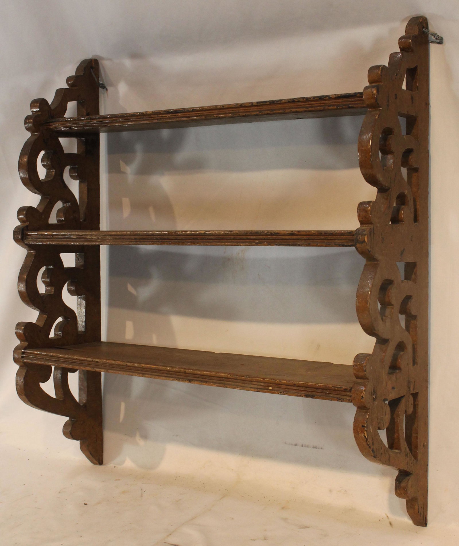 Antique 3 tier wall shelf w scrolled sides - 25 1/2" tall x 23 1/4" wide: Antique 3 tier wall shelf w scrolled sides - 25 1/2" tall x 23 1/4" wide