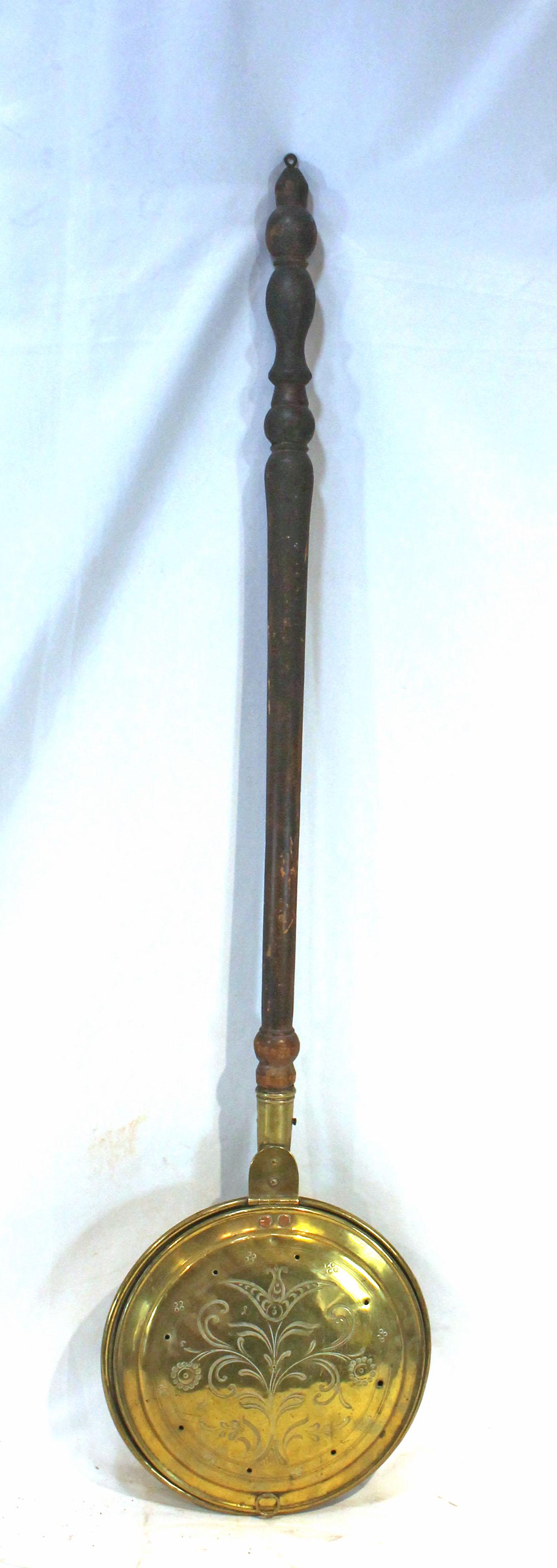 Antique brass bedwarmer w wooden handle & etched floral decoration - 43" long (1 of 4)
