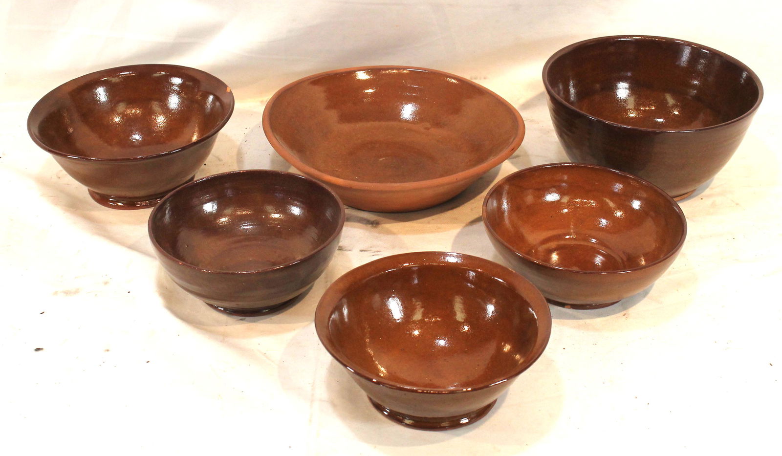6 contemporary redware bowls - 2 marked Old Sturbridge Village - sizes range from 6"-9 1/2" diam (1 of 10)