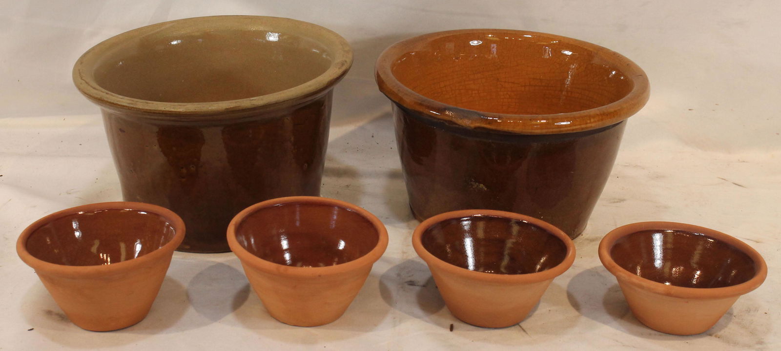 6 contemporary redware bowls incl 2 8" diam planters & 4 ramekins marked OSV (1 of 10)