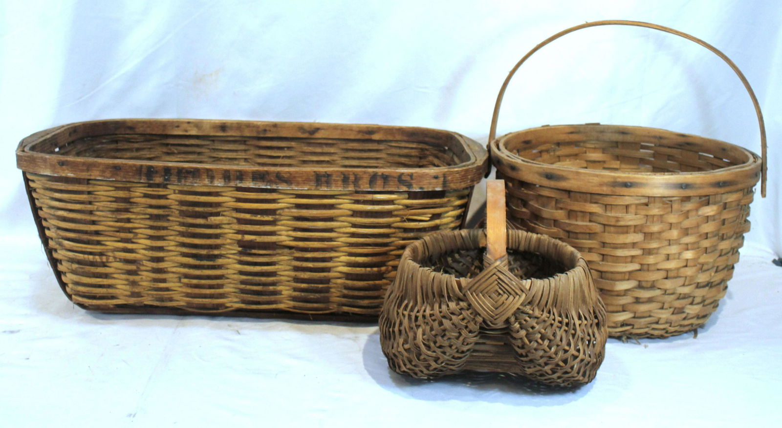 lot of 3 baskets incl large gathering basket, swing handled (as found) & buttocks - 26"x15". 13" (1 of 9)