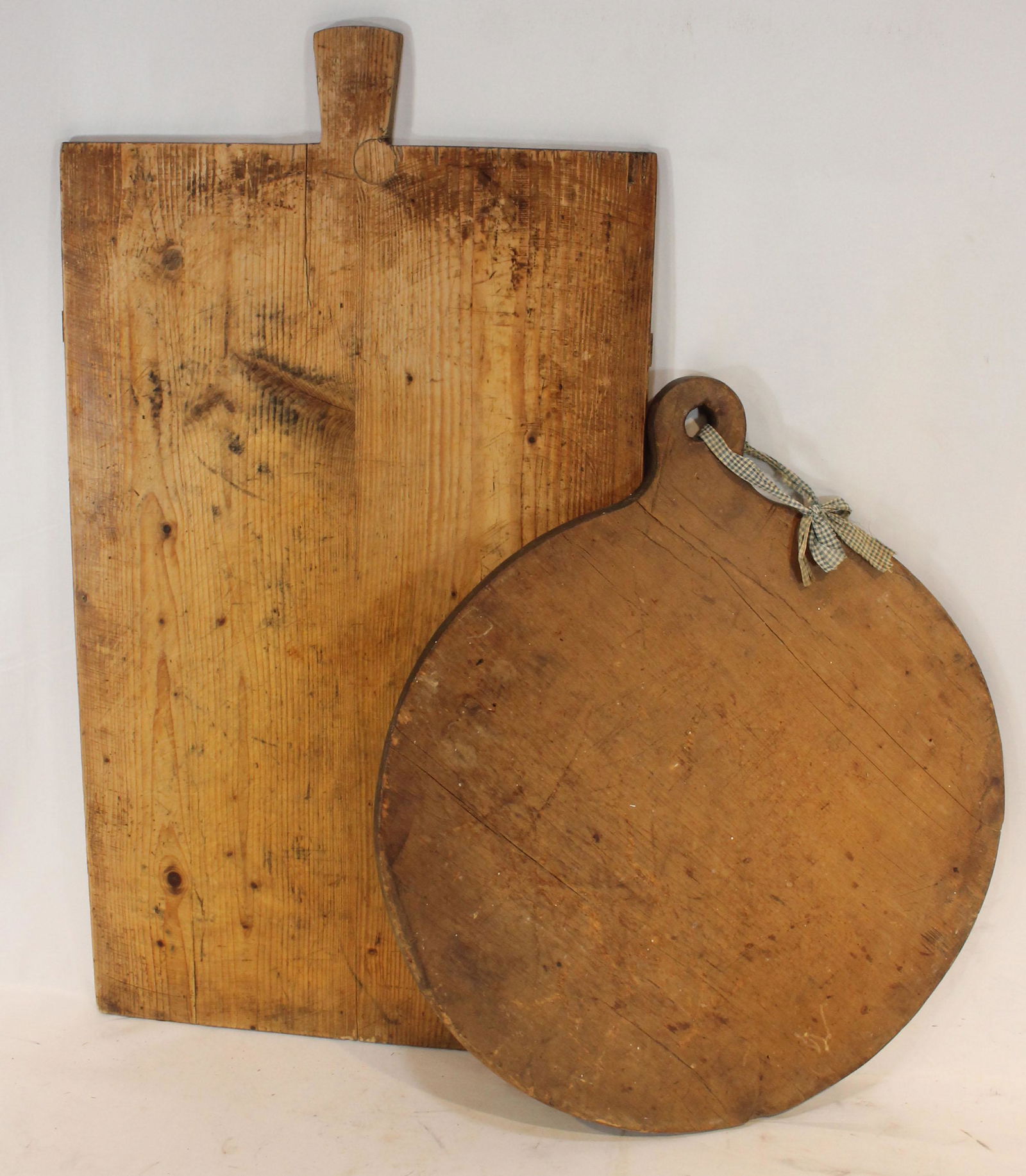 2 antique wooden dough boards w lollipop handles - 26 3/4" x 16 1/4" rectangular & 18" round (1 of 7)