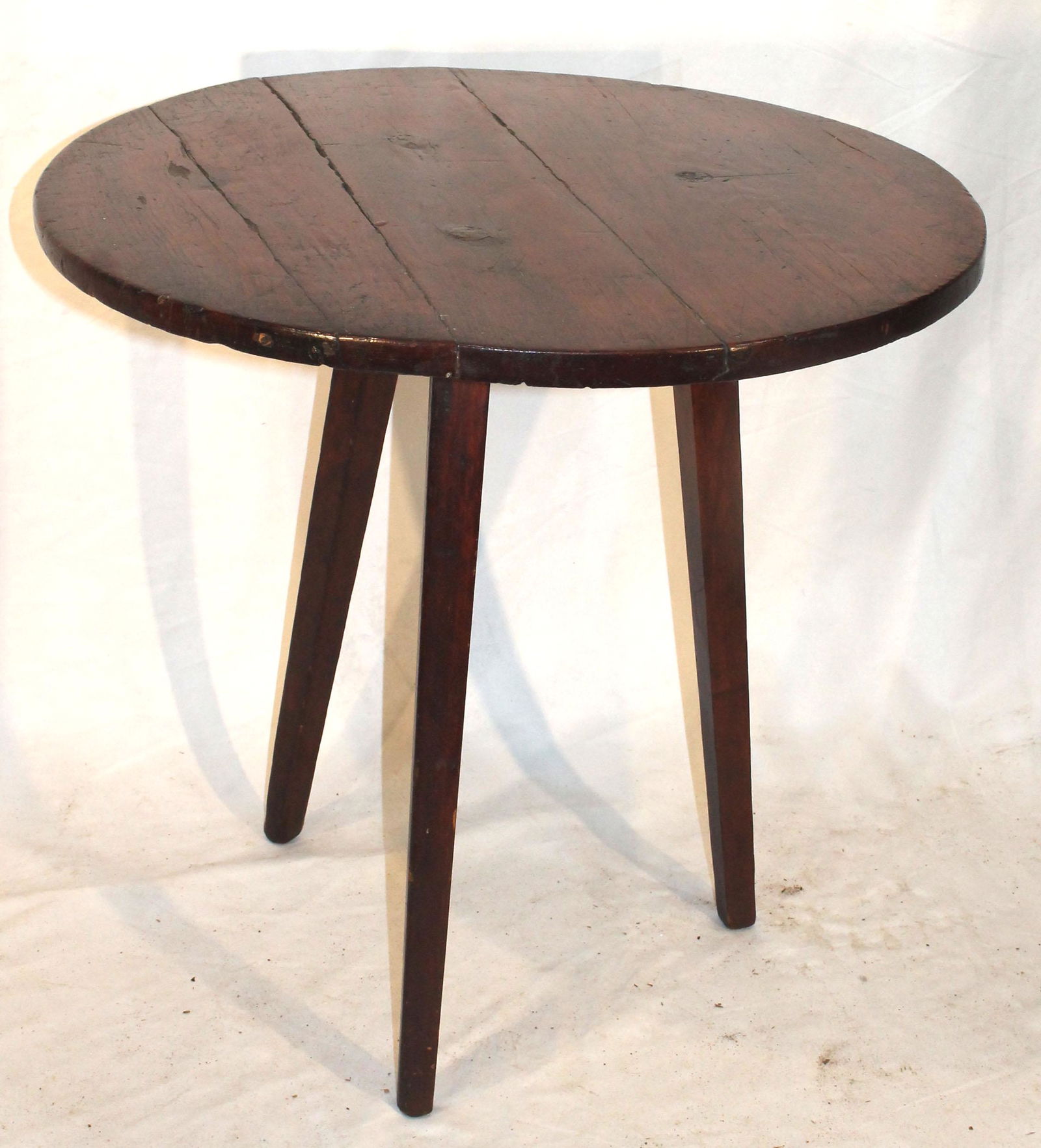 Antique pub table w round top & 3 legs - as found w old refinish - 22 3/4" tall x 24" diam top (1 of 4)
