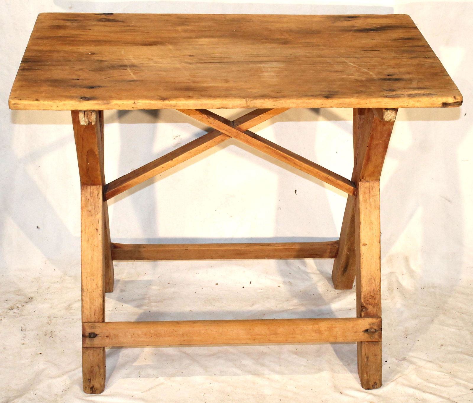 Antique cross stretcher based tavern table in scrubbed surface - 25 1/2" tall x 20"x32" top (1 of 5)
