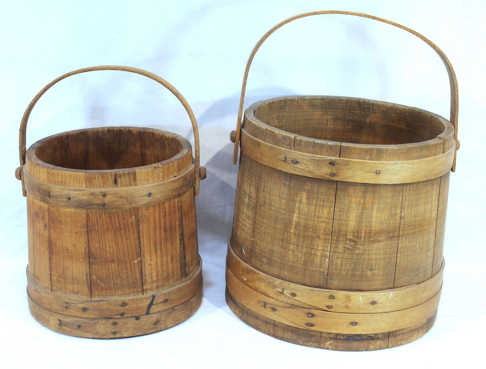 2 bail handled wooden firkin buckets - 11 1/2" tall x 11 1/2" diam top & 9" tall x 9 1/2" diam top (1 of 6)