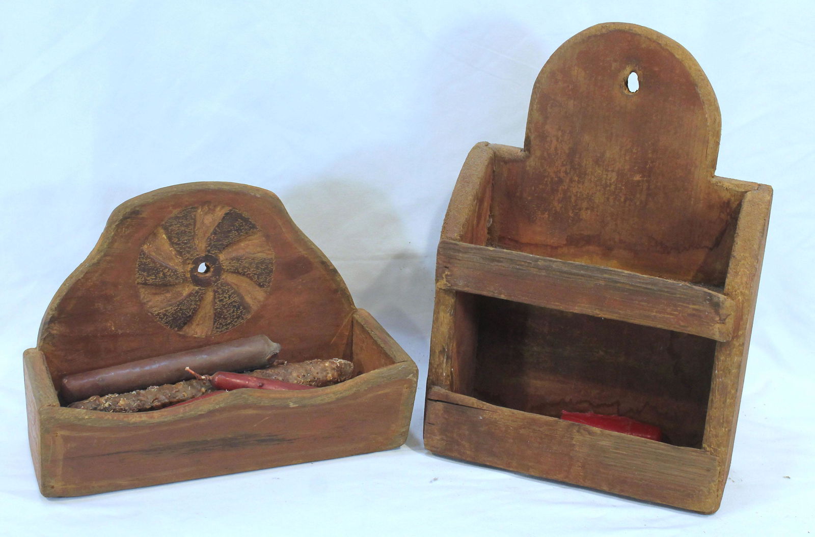 2 contemporary primitive style wooden wall boxes - 1 w pinwheel painted dec - 12 3/4"x8 1/2" wide & (1 of 7)