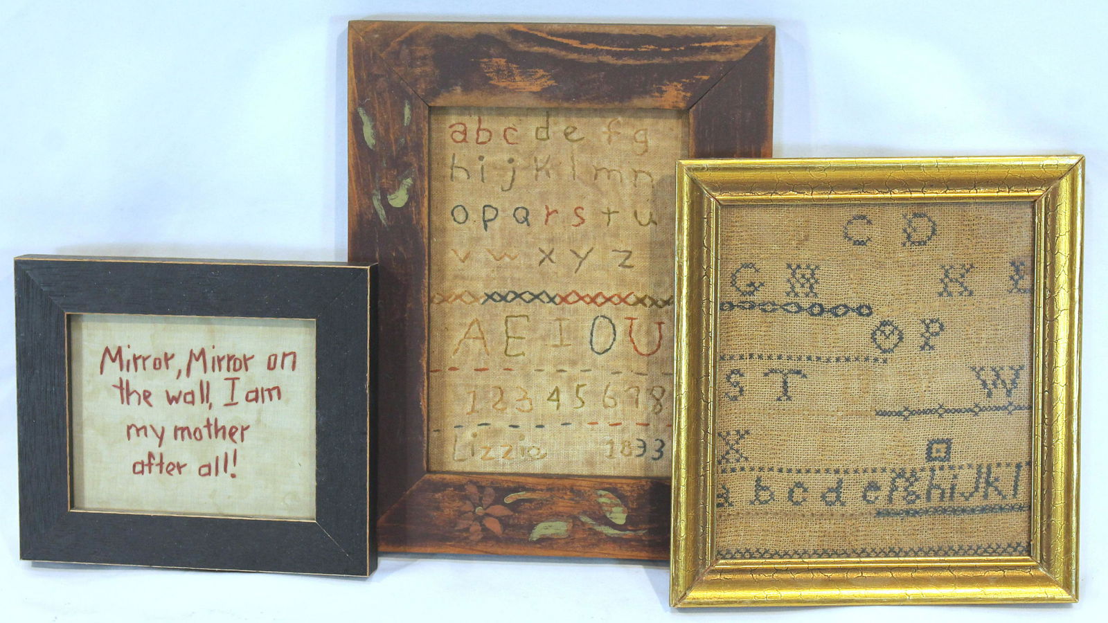 3 contemporary primitive style framed samplers incl 1 antique fragment - 9"1/2"x7 1/2", 8"x7" & (1 of 4)