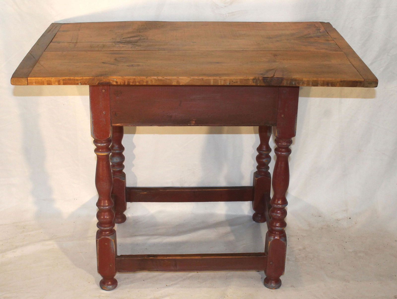 Contemporary primitive style tavern table w red painted base & breadboard ended top - 25 1/2" tall x (1 of 4)