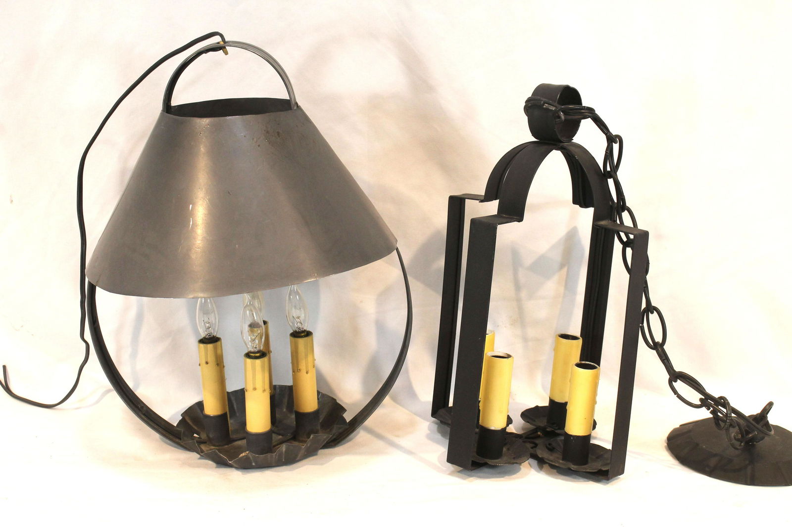 2 contemporary primitive style hanging candle lamps - both electrified - 15" & 14" tall (1 of 3)