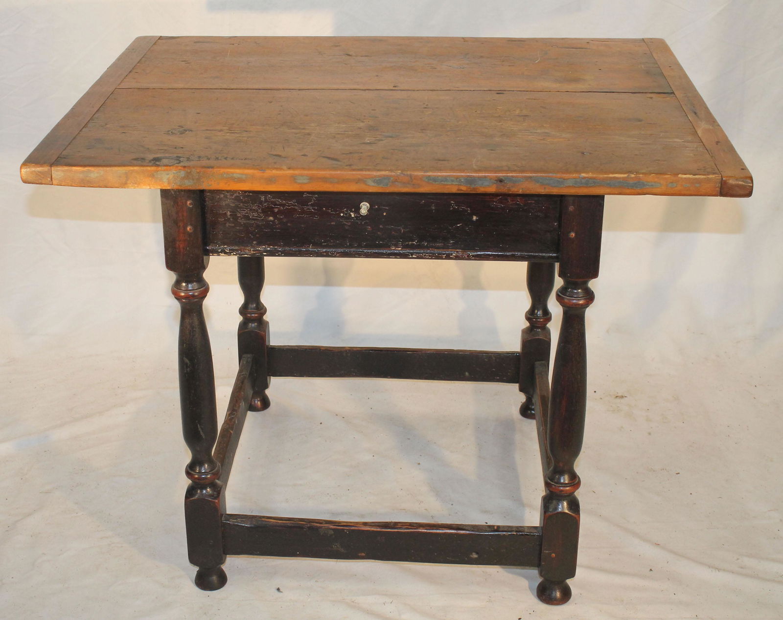Contemporary primitive style tavern table w red painted base & breadboard ended top - 23 1/4" tall x (1 of 6)