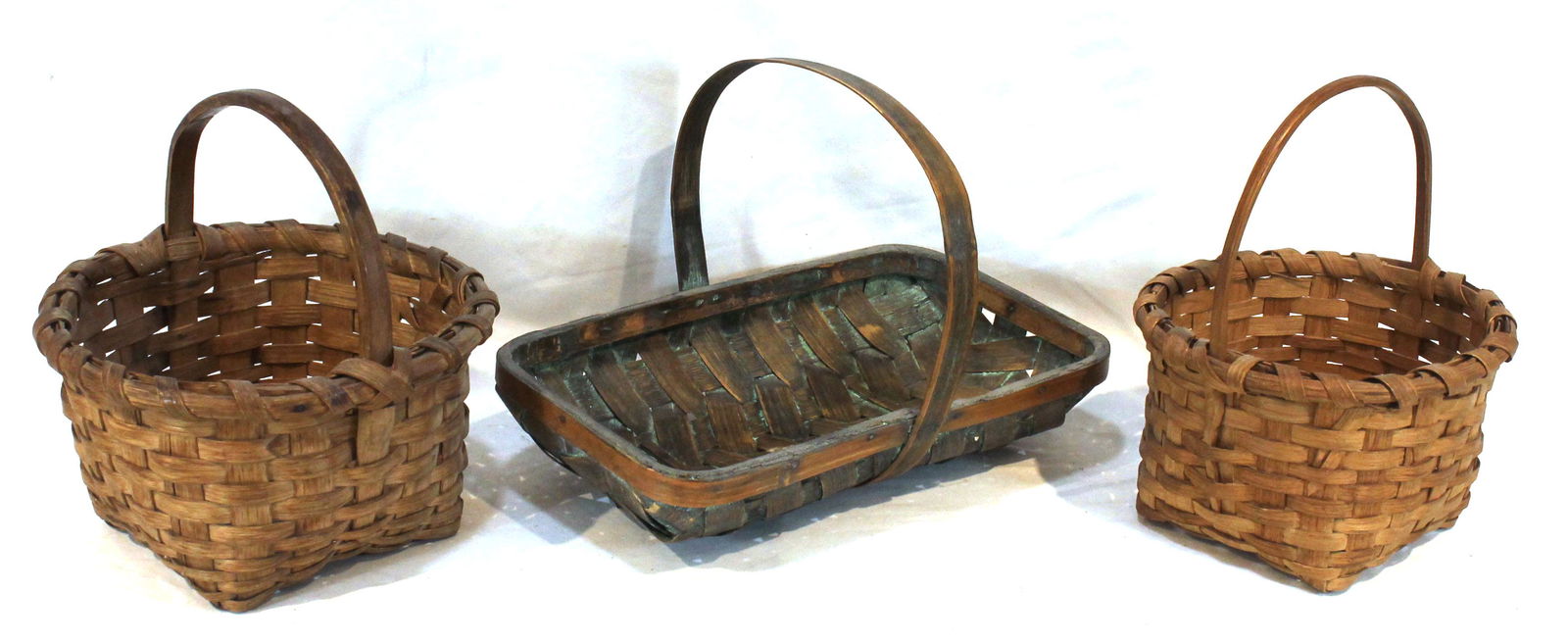 2 vintage fixed handled baskets plus a painted trug - 10" tall x 9 1/2", 10" tall x 8" & 12 3/4"x8 (1 of 9)