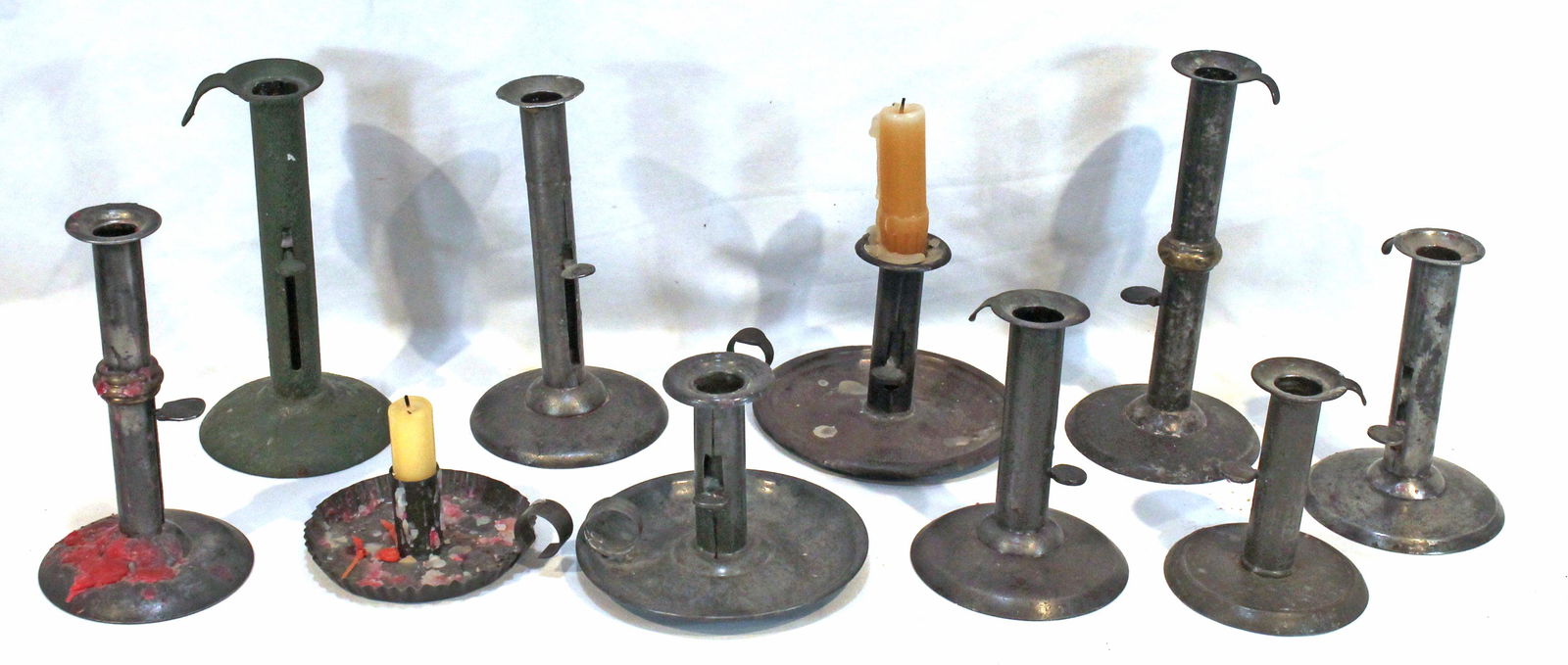 lot of 10 contemporary primitive style candlesticks incl chambersticks & push up hogscraper incl 2 (1 of 5)