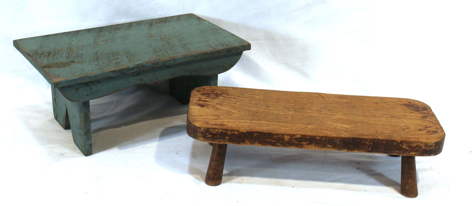 2 cricket stools incl 1 antique in old surface & a contemporary primitive style in blue paint - (1 of 6)
