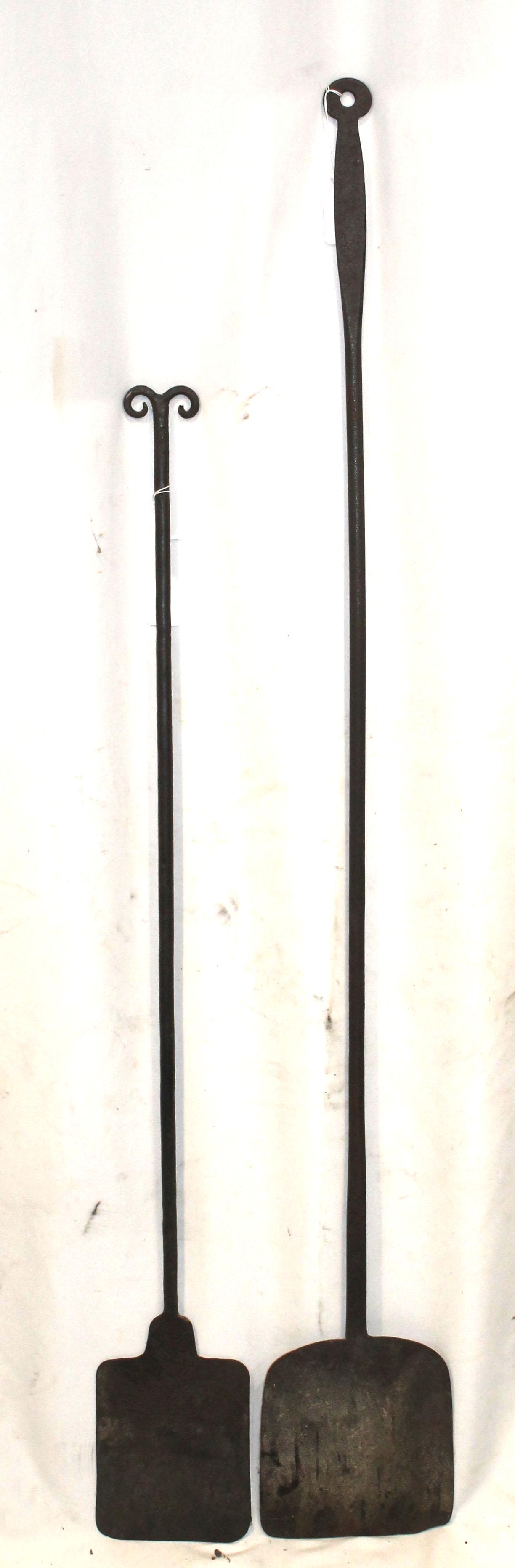 2 wrought iron peels - 1 w ram's head handle - approx 40" & 49" tall (1 of 4)