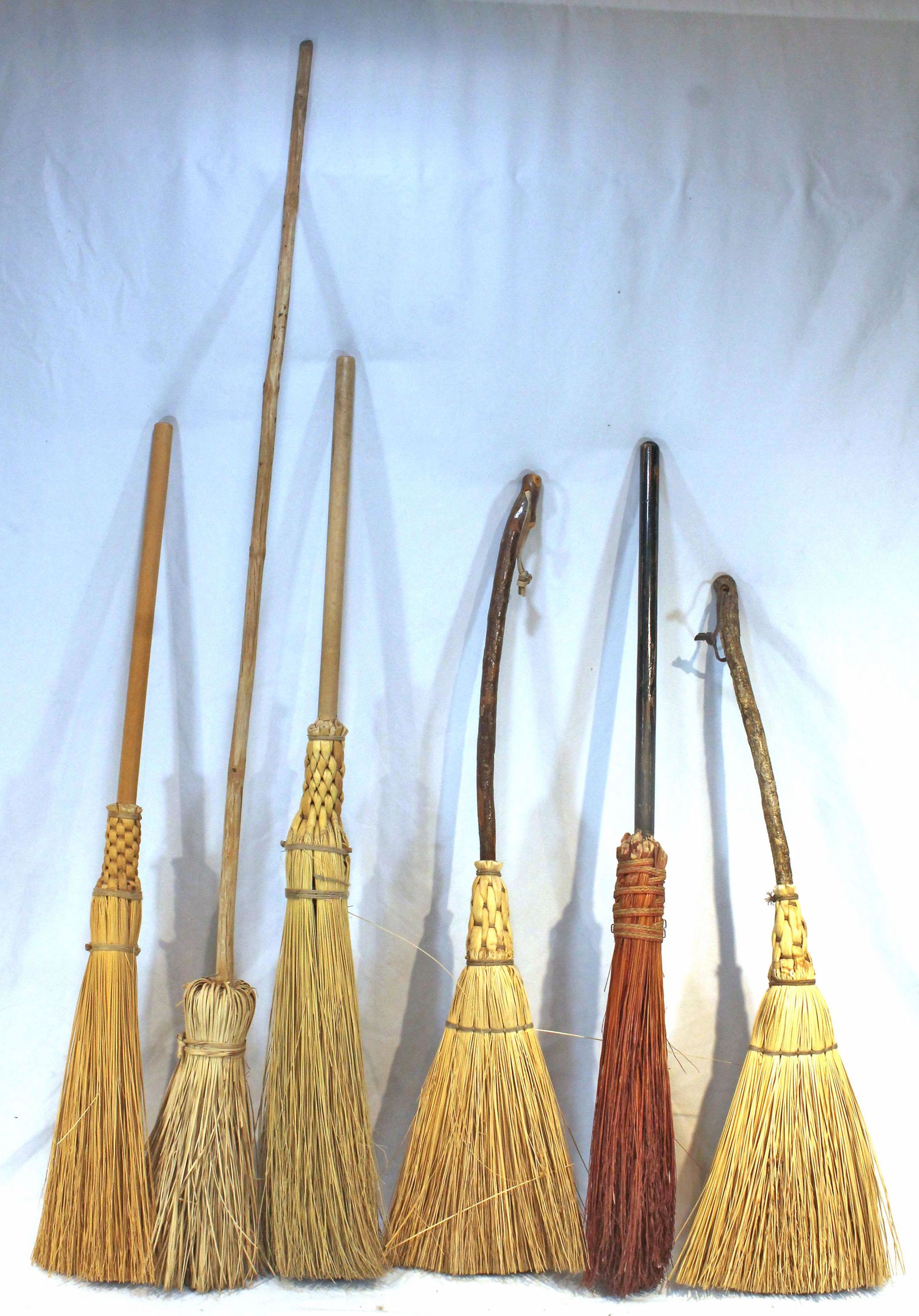 lot of 6 contemporary primitive style brooms - 34" - 56" long (1 of 9)