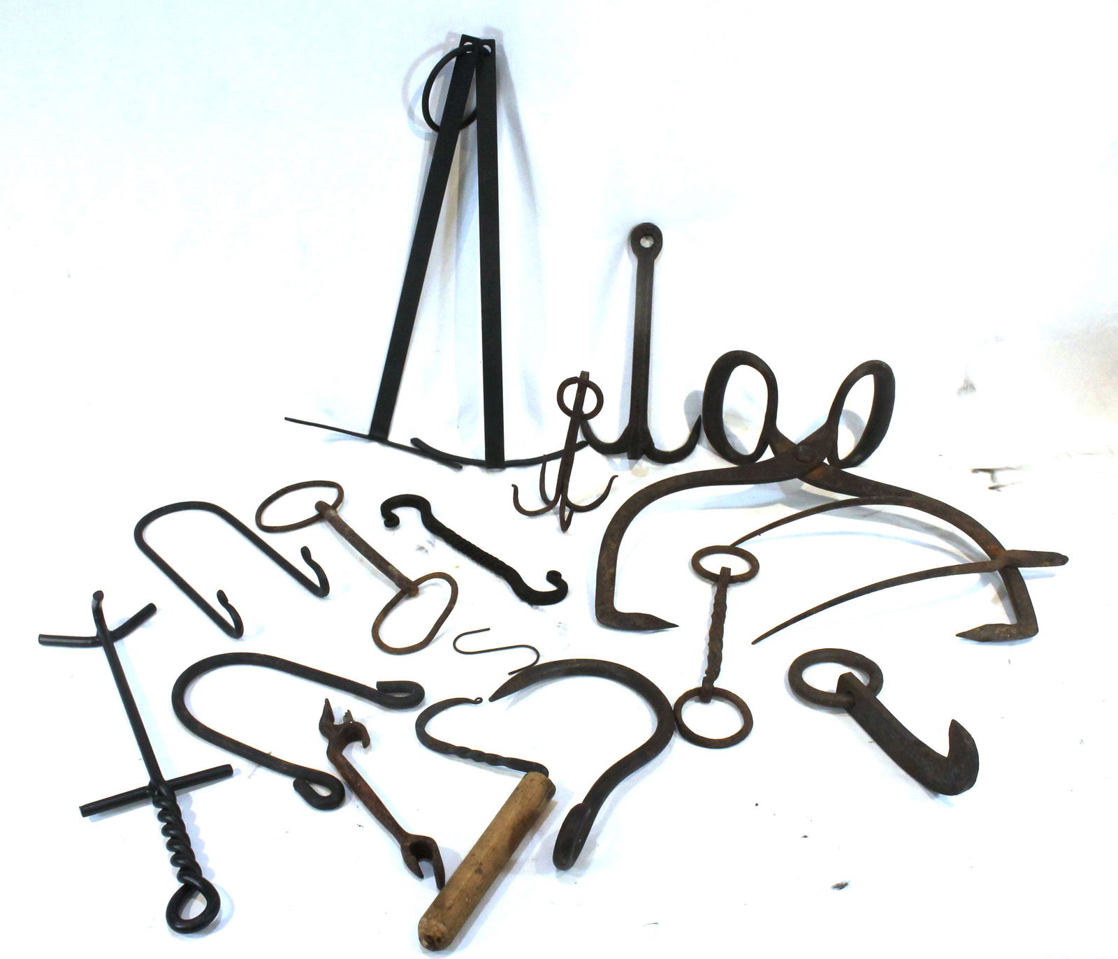 large lot of iron, etc tools incl ice tongs, horse bit, wooden handled hook, etc (1 of 7)